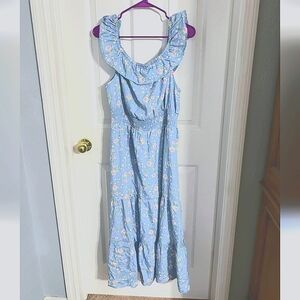 EUC Strapless Blue Off-the-Shoulder Ditsy Floral Maxi Dress